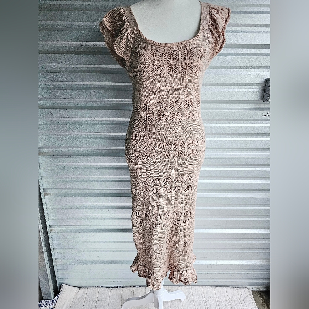 Beige crochet flutter sleeve flutter hem round neck sweater dress size small